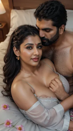 ((Indian slut 35 yo busty woman big breast thick hands thick thighs)), with a built 40 yo grey bearded greek 1man hairy, with large thick penis, full length, sweet couples, hugging tightly and, (kissing her neck passionately), (on colorful plenty flowers bed), (laying on facing eachother missionary style), dark indian nipples, full length indian stubby pussy, indian style flowers on hairs, high poneytail style, perfect lighting, (masterpiece, incredible detail), klaudia_valentz_, (bedtime_memories), (photorealistic:1.4), long_ponytail_hairstyle, <lora:BedtimeStory:.4>, <lora:short_dreads_hairstyle:.3>