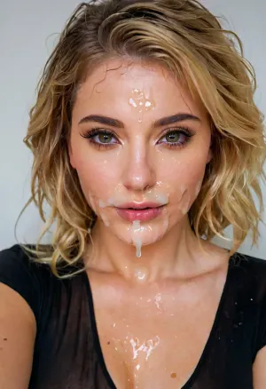The image is a close-up selfie of a woman's face. She has blonde hair that is styled in loose waves and is wearing a black top. The woman is looking directly at the camera with a slight smile on her lips. On her face, there is a huge amount of cum dripping down her face. The cum is covering her entire face and around her eyes. The background is a plain white wall with a painting hanging on it., woman, on, face, <lora:JustCum:.5>, bukkake, cum, <lora:MS_Real_XL_Bukkake:.5>