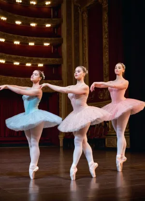 in opera house stage, dancing, three busty ballerinas