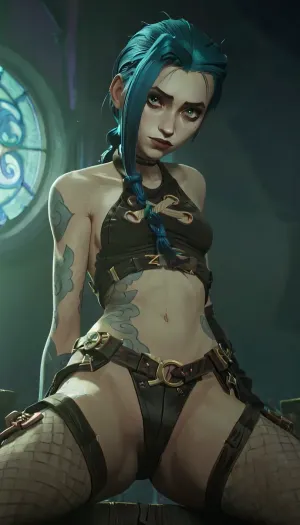 Jinx from Arcane, arcane, perfect feet, full body, sexy, jinx, feet, <lora:jinx:.5>, <lora:arcane-xl:.5>, <lora:RealFeet_xl_v1:.5>