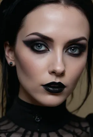 (stunning goth woman, goth model, makeup model:1.3), (flawless makeup, goth makeup, flawless alabaster skin:1.2), mischievous eyes, mischievous smirk, ZipRealism, <lora:add-detail-xl:1>