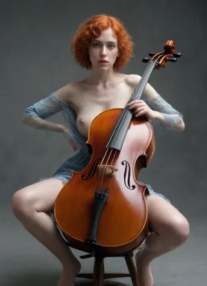 redhead girl, (short body:1.4), (naked:1.5), sitting on a chair, (big violoncello:1.6), legs spread, mouth a bit opened, pleasure look, wet skin, curly pixie haircut, grey background, hdr, intricate details, hyperdetailed, cinematic, (style, of, Jean, Delville:1.8), <lora:tbh140-sdxl:.7>