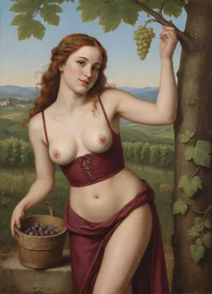 A young woman with a warm smile and flushed cheeks, embodying the essence of fertility and abundance, standing in the center of a quaint, sun-drenched vineyard. She is clad in a topless, pulled down crimson dress that billows gently in the breeze, her big breasts are visible bulging out of topless pulled down dress cleavage as she leans over a large, oak barrel filled to the brim with freshly crushed grapes. Her hair, a cascade of fiery red curls, is loosely tied back with a vine-covered band, a few stray strands caressing her neck and shoulders. The woman's robust arms are bare, showcasing her strength as she deftly stirs the grape mash with a long wooden paddle, her forearms glistening with the sweet grape juice. The setting is reminiscent of an idyllic Renaissance painting, with lush green grapevines stretching out to the horizon and a picturesque stone cottage nestled in the background. The sun casts a soft, golden light on her form, creating an aura of warmth and vitality. Around her, the air is alive with the scent of fermentation and the playful dance of fruit flies, while the sound of her laughter mingles with the rhythmic squish of grapes beneath her feet. The scene exudes a sense of joyful labor and the timeless tradition of winemaking, celebrating the sensuality and fruitfulness of nature in every element., <lora:vintage_illust:.5>, <lora:Modern_Twist_sdxl:.5>