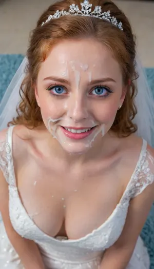 3/4 body shot of, (((beautiful happy woman wearing wedding dress with cum on her face))), (((The woman's face is covered with cum))), (((cumshot on tits:1.3))), (Cum on lips), facial, (((huge tits:1.3))), beautiful smile, View from above, Lush Curly hair, redhead, (((big eyes, blue wide eyes))), <lora:Facials:.5>