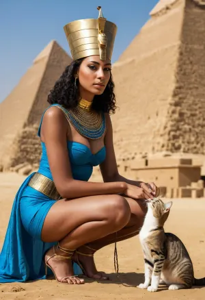 Ultra high definition, ultra high resolution, photorealistic, 30 year old Egyptian queen, thin, dark skinned, pyramid being built, gold and blue tall head covering, stroking a cat, a cat, a scarab, Pyramid in the background, pyramid, Squatting, sitting on his haunches, legs apart, scaffolding, construction, slaves, a whip in their hands.