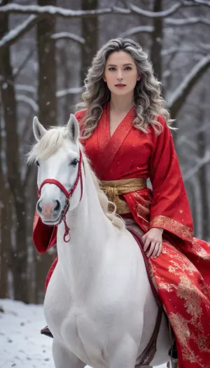 beautiful sexy thick 30 year old woman, medium silver wavy hair, all red kimono, breast out, riding a unicorn, snow background