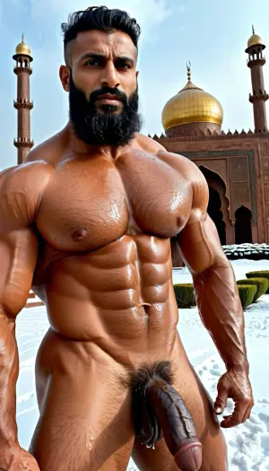 ('Farman Khan' and 'Afzal Khan' are Naked), Very ruggedly handsome Big Muscular Indian Muslim bodybuilders proudly showing their Big Cock in front of Old Mosque within snow, (Handsome and Hot Muslim hunks with very long beard), dark and rough Muslim men, (40 year old, Muslim, tall muscled Arab Indian dark male, rough, dominant, daddy, (hairy armpits and Chest), bodybuilder, enormous thick long dark cock, perfect fingers, oily Sweaty body, (wet messy hair), dilf, Big seductive eyes, Wet body), (big black circumcised penis with big testicles), (rain drops), ultra sharp high definition details, pubic hair, professional photography, insanely detailed, RAW photo, HDR, hyper-realistic, cinematic lighting, photo realism, Big, cock, <lora:xpenis-1.5e:.5>, <lora:pein:.5>