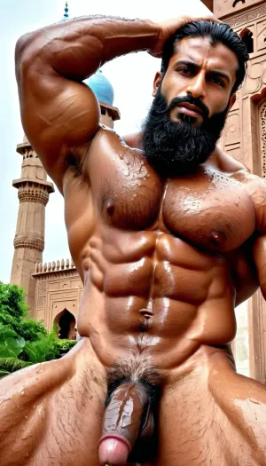 ('Farman Khan' and 'Afzal Khan' are Naked), Very ruggedly handsome Big Muscular Indian Muslim bodybuilders proudly showing their Big Cock in front of Old Mosque, (Handsome and Hot Muslim hunks with very long beard), dark and rough Muslim men, (40 year old, Muslim, tall muscled Arab Indian dark male, rough, dominant, daddy, (hairy armpits and Chest), bodybuilder, enormous thick long dark cock, perfect fingers, oily Sweaty body, (wet messy hair), dilf, Big seductive eyes, Wet body), (big black circumcised penis with big testicles), (rain drops), ultra sharp high definition details, pubic hair, professional photography, insanely detailed, RAW photo, HDR, hyper-realistic, cinematic lighting, photo realism, Big, cock, <lora:xpenis-1.5e:.5>, <lora:pein:.5>