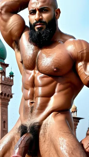 ('Farman Khan' and 'Afzal Khan' are Naked), Very ruggedly handsome Big Muscular Indian Muslim bodybuilders proudly showing their Big Cock in front of Old Mosque within snow, (Handsome and Hot Muslim hunks with very long beard), dark and rough Muslim men, (40 year old, Muslim, tall muscled Arab Indian dark male, rough, dominant, daddy, (hairy armpits and Chest), bodybuilder, enormous thick long dark cock, perfect fingers, oily Sweaty body, (wet hair), dilf, Big seductive eyes, Wet body), (big black circumcised penis with big testicles, ring pierced in penis), (rain drops), ultra sharp high definition details, pubic hair, professional photography, insanely detailed, RAW photo, HDR, hyper-realistic, cinematic lighting, photo realism, Big, cock, <lora:xpenis-1.5e:.5>, <lora:pein:.5>