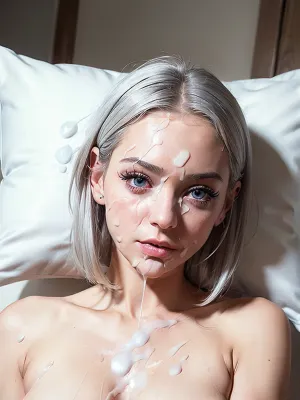 (beautiful french girl with silver hair:1.3), RAW, 8k uhd, high quality, ultra-detailed, professional photography, (petite:1.4), innocent, (large breasts), 18 years old, perfect eyes, beautiful eyes, (big anime eyelashes, wing eyeliner), (cum on face, facial:1.6), mattet hair, long bob cut, (pale skin), ultra high quality skin texture, (head rests on pillow:1.4), <lora:cum_b1:.5>