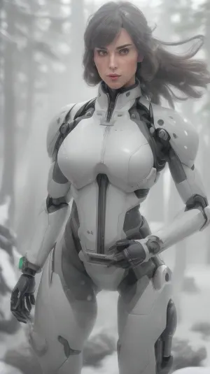 (female soldier:1.5), (wearing rigid, high-tech sci-fi armor:1.5), (armor with sharp angular plates in white and deep forest green:1.5), (no fabric, no soft materials, the armor is mechanical and rigid:1.5), (armor plates with sharp contrast, no gradients, clear separation of colors:1.5), (intricate details like mechanical vents, panels, and glowing accents:1.3), (dynamic, action-oriented pose, mid-motion with powerful stance:1.5), (futuristic exosuit with visible pneumatic systems and mechanical joints between armor plates:1.4), (background of snowy environment with dense pine trees and distant mountains:1.4), (snow and frost buildup on armor, snowflakes caught in hair:1.3), (natural movement of wind through hair:1.3), (determined and focused facial expression, strong gaze:1.4), (mature, adult female proportions with balanced torso length, realistic waist size:1.5), (and appropriately proportioned hips:1.5), (realistic lighting with soft overcast skies casting diffuse shadows:1.3), (realistic, photorealistic rendering with a cinematic quality:1.4), (depth of field effect, character sharply in focus with a slightly blurred background:1.4), (two arms, two legs:1.4)