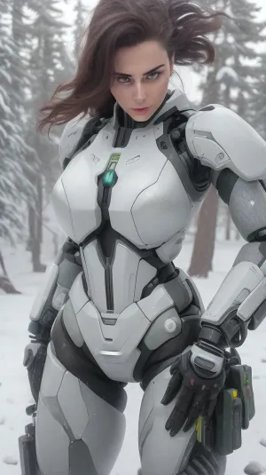 (female soldier:1.5), (wearing rigid, high-tech sci-fi armor:1.5), (armor with sharp angular plates in white and deep forest green:1.5), (no fabric, no soft materials, the armor is mechanical and rigid:1.5), (armor plates with sharp contrast, no gradients, clear separation of colors:1.5), (intricate details like mechanical vents, panels, and glowing accents:1.3), (dynamic, action-oriented pose, mid-motion with powerful stance:1.5), (futuristic exosuit with visible pneumatic systems and mechanical joints between armor plates:1.4), (background of snowy environment with dense pine trees and distant mountains:1.4), (snow and frost buildup on armor, snowflakes caught in hair:1.3), (natural movement of wind through hair:1.3), (determined and focused facial expression, strong gaze:1.4), (mature, adult female proportions with balanced torso length, realistic waist size, and appropriately proportioned hips:1.7), (natural, realistic waist size without exaggerated hourglass figure:1.6), (realistic proportions, avoiding exaggerated or idealized forms:1.5), (armor follows natural body shape:1.6), (realistic lighting with soft overcast skies casting diffuse shadows:1.3), (realistic, photorealistic rendering with a cinematic quality:1.4), (depth of field effect, character sharply in focus with a slightly blurred background:1.4), (two arms, two legs:1.4)