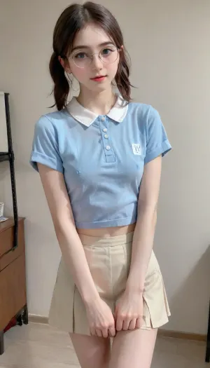 (((The whole body is visible))), nude, fullbody, (photo taken in class), (((round thin-rimmed glasses))), (((narrow low face))), young face, Super realistic, perfect lighting, (best shadow), 8K, UHD, clear image, (best lighting), highest quality, ultra-detailed images, fine details, high resolution, 8k, (skinny waist), (skinny), Euro-American, (18 years old), bright blue eyes, dark brown hair, pigtails, very detailed face, blush, white skin, tt_flat, BJ_Oxygen, krnpp, flat, chested, cute, girl, topless, skirt, uniform, fingering, pussy, <lora:reallora1:.5>, <lora:Oxygen girl_SDXL1.0:.5>, <lora:karina_sdxl_v10:.5>, <lora:flat_chested_v3.5:.5>, <lora:cute_girls_xl_v1:.5>