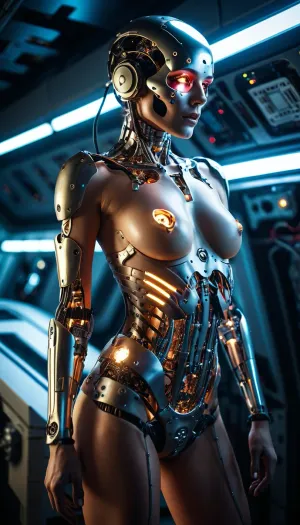 sexy nude cyborg in space craft, android skin, metal skull under android skin, electric parts covered by android skin, machine parts covered by android skin, fractured android skin covering many small lamps, steam, horror, glaring lights, shadows