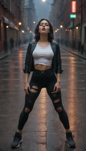 ((X23)), (X-Men franchise), (orgasm face:1.5), Indian, black hair, no t-shirt, torn black leather jacket, ripped yoga pants, black belt with a red "X" on the belt buckle, sneakers, torn clothes, downtown New York, rainy, perfect lighting, WolverineV2-1024, <lora:bombshell_v2:.1>, <lora:WolverineV2-1024:1>, <lora:NSFW_Reality_Engine_XL05:.5>