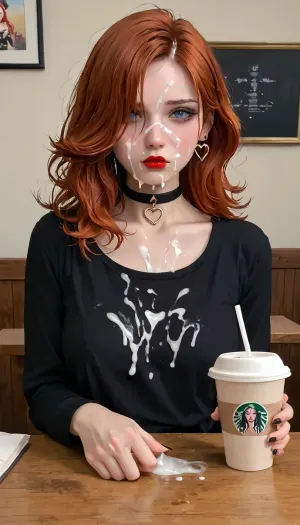 miss fortune, goth, choker, form fitting clothes, black shirt, wide hips, drooling, cum shot, cum on face, tired face, leaning on table, sigh, looking at viewer, coffee cup, red lipstick, massive tits, downblouse, lots of cum on her hair, cum on hair, heart shapes