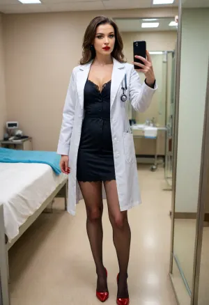 Defiant grâce: le selfie séduisant de la patte de Dr. Crimson à St. l'hôpital de Claire

- Oui.

Dans les halls sacrés de l'hôpital Sainte-Claire, une femme médecin, ornée d'un manteau de laboratoire transparent et cristallin, a pris un selfie miroir. Ses bas brillaient sous les lumières fluorescentes, son rouge à lèvres rouge contrastant fortement contre sa tenue blanche vierge. Dans une pose séduisante, elle se penchait contre le mur d'acier froid du couloir de l'hôpital, ses talons hauts clignotant doucement. Un éclair de défiance dans ses yeux, elle embrassa sa féminité, sa chatte lisse, l'emblème du chat, resplendissant subtilement sous le miroir.