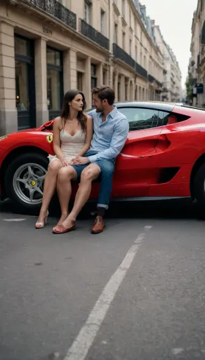 a mulher e homem fazem sexo sobre carro, numa ferrari vermelha, totalmente nua em paris franca
