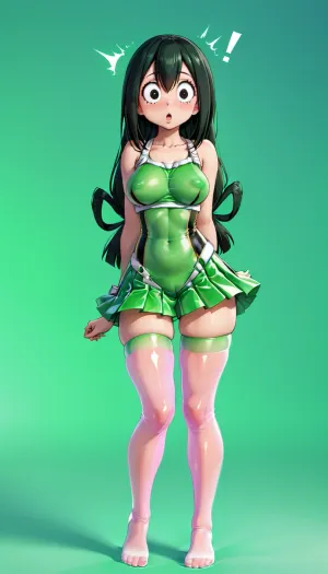 Tsuyu Asui, big boobs, tight top, pleated skir, transparent legwear, surprised look