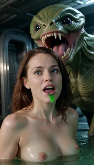 In alien battle spaceship, alien movie style, flooded compartment, The ship's captain shoots a blaster at the monster, torn apart bulkheads, alien emerges from under the water, sexual intercourse takes place in semi-darkness, naked body boobs cock enters pussy moans orgasm, animal grin fangs howl horror thriller, green fluorescent slime dangles from alien fangs