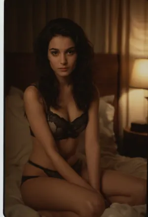 (24 year old lingerie model in 1980:1.5), (polaroid photo:1.3), big black hair, feathered hair, night time dark room, lights off, moody lighting, sitting on bed, intimate pose, shy smile, amateur photo, personal photo, (leaning forward, perfect posture:1.1), (legs pressed together, legs closed, knees together:1.4), big_boltedontits, medium_boltedontits, boltedontits