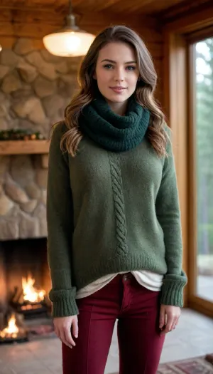 score_9, score_8_up, score_7_up, source_realistic, source_explicit, expressiveh, oversized wool sweater with cable-knit patterns, red plaid thick flannel shirt underneath, high-waisted corduroy pants, deep forest green chunky knit scarf, relaxed fit, soft textures, warm and rustic, background of a cozy cabin with a roaring fireplace, soft ambient lighting, huge breasts, covered nipples, zPDXLrl, zPDXL3, amateur, photo
