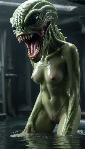 (In alien battle spaceship, alien movie style, flooded compartment, The ship's captain shoots a blaster at the monster, torn apart bulkheads, alien emerges from under the water, sexual intercourse takes place in semi-darkness, naked body boobs cock enters pussy moans orgasm, animal grin fangs howl horror thriller, mutation and transformation of the body into something alien, green fluorescent slime dangles from alien fangs)