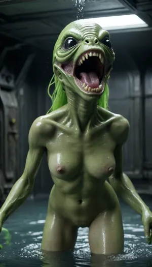(In alien battle spaceship, alien movie style, flooded compartment, The ship's captain shoots a blaster at the monster, torn apart bulkheads, alien emerges from under the water, sexual intercourse takes place in semi-darkness, naked body boobs cock enters pussy moans orgasm, animal grin fangs howl horror thriller, mutation and transformation of the body into something alien, green fluorescent slime dangles from alien fangs)