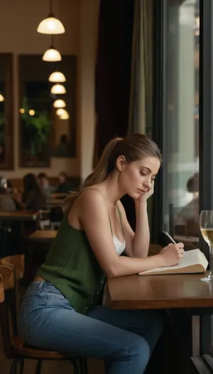 A 30yo Turkish woman sitting in a cafe by a high table facing out towards viewer, it’s evening and cafe is dimly lit, zoomed in photo, narrow view field, voyeuristic, classy, wearing an unbuttoned knitted cardigan over a stylish spaghetti strap top, wearing jeans, feet resting on the low bar on the stool, stylish pumps, she is reading and taking notes and very focused, head bent over her books and notes but eyes briefly looking up and catching the viewer, beautiful green eyes, hair in a very low and loose ponytail hanging down in front of her, delicate pale skin, subtle jewelry, modest makeup, photo taken through the window with a few reflections in the glass, photo shot from a distance