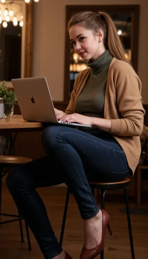 A 27yo young lady sitting in a cafe by a high table facing out towards viewer, it’s evening and cafe is dimly lit, winter and cold, winter light, narrow view field, voyeuristic, serene beauty, wearing a warm turtleneck cardigan over a stylish top, wearing jeans, feet resting on the low bar on the stool, stylish pumps, she is focused and working on her laptop, eyes briefly looking up and catching the viewer, indifferent expression, suppressing a slight smile, hint of a blush, flushed cheeks, enchanting samic radiant eyes, hair in a loose ponytail, pale skin, big nose, high cheekbones, subtle lipstick, dimples, really beautiful face, subtle jewelry, modest makeup, photo taken through the window from outside, reflections in the glass, photo shot from a distance, <lora:Rain_on_glass:.5>