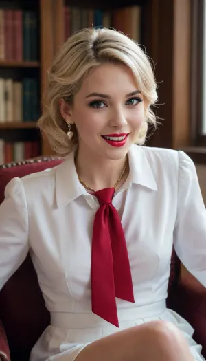 score_9, score_8_up, score_7_up, masterpiece, best quality, highly detailed, (masterpiece, best quality, highly detailed), very detailed face, hyperrealistic, (UHD quality details), Candy_Candy
hair curled
blonde hair
flat chest, small breasts medium ass red lips, makeup, eyeliner, Luxurious earings, necklace, Bracelet, happy, smile, black serafuku, white necktie, white sailor collar, white skirt, Walking in a luxurious armchair, smiling.
Old public library, public Library with old books on shelves.