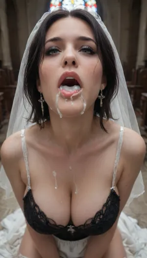 30 year old woman being throat fucked while wearing a wedding dress in a church, ((gothic church)), (beautiful elegant satin amd lace wedding dress. Cleavage), viewer looking down on woman, (sword_swallowing_position), photography, canon 5D, perfect anatomy, masterpiece, highres, high resolution, incredible detail, ((throat bulge)), ((cum on face)), ((cum in cleavage)), ((cum on torso)), ((cum between thighs)), deepthroat, kneeling, (bedroom background:1.2), (thick thighs:1.2), (huge testicles)