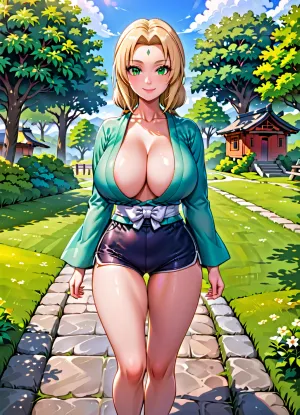 Tsunade from Naruto, age 20, top.less, long blonde hair, big green eyes, tall, strong body, confident, strict, independent, wearing casual clothes, walking through the streets of Konoha village. Tsunade showing off her body, dressed in an open kimono and lace very short tight shorts, strong beautiful large breasts, perfect buttocks, smile, seductive, slender legs, perspective from above, Background, wooden houses and flowering trees.