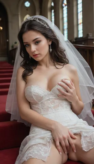 Fantasy fairytale church setting, masterpiece, cinematic photo of one women, HQ, perfect light, perfect vibrant eyes, 25 year old bride, instagram model, ((((grabbed breast by left hand)))), (((masturbating by right hand))), laying on the alter in a church, (dark hair, very long wavy tousled hairstyle), looking into the camera, ((((elegant white satin and lace bridal dress)))), ((deep neckline)), edgOrgasm, focus, woman, with, edgOrgasm_face, masturbation, fingering, female_masturbation, grabbing_own_breast