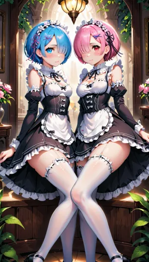 (Anime style:1.4), Masterpiece, (2 girls:1.2), sisters maids Ram and Rem from RE, Zero, (bangs cover one eye:1.2), sexy short maid form, white stockings, Ration, Ram, Rem, RE