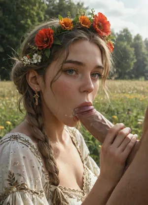 score_9, score_8_up, score_7_up, score_6_up, A traditional Slavic dress with intricate embroidery in red, white, and gold patterns. The outfit includes a long, flowing skirt, a richly decorated blouse with wide sleeves, and a woven belt with geometric designs. The dress is adorned with fine details, such as lace and beadwork. She is wearing a flower crown made of wildflowers and ribbons flowing down her back. The style reflects ancient Slavic culture, with natural materials and bright, vibrant colors, 1girl, 1man, Slavic, blonde, lush hair, curvy braids, beatiful face, blush on the face, braight gray eyes, white tradithional slavic shirt, (in an endless field of wheat), sunlight, detailed background, kinemographic environment, high resolution, blowjob, drool, (erotic:.5), <lora:TraumaZone:1>