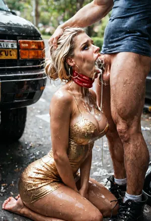 Wide shot, view to camera, Gorgeous 48 year old blonde with light makeup wearing a tight minidress, tits out, hoop earrings, kneeling next to open driver's door of a luxury car parked at a truck stop, deepthroating the driver's thick cock, (sloppy+blowjob+deepthroat+balls deep+vomcum), (gagging+choking+gasping+struggling+breathless+suffocating), (excessive cum+cum overflowing from mouth+creampie), (sweat+spit+drool+tears+cum+dripping from her face)