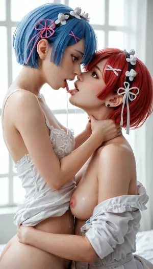 (Anime style:1.4), Masterpiece, (2 girls:1.2), sisters maids Ram red hair and Rem blue hair from RE, Zero, (bangs cover one eye:1.2), (they are intensively undressing each other sexy short maid form to making lesbian sex:1.4), submission, passion kissing, (choking each other), white stockings, happy faces, (saliva dripping down:1.6), Ration, Ram, Rem, RE