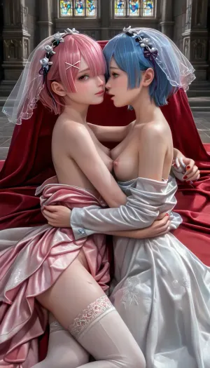 (Side view:1.2), (Anime style:1.4), cathedral, (ritual altar:1.5), Masterpiece, (2 girls:1.2), sisters maids Ram pink hair on top and Rem blue hair from RE, Zero, lesbians wedding together, red bright manicure, (they are intensively undressing each other bride dresses to expose nipples:1.4), (they are lying on ritual altar on each other:1.6), hugging, passion kissing with tong, happy faces, passion love, (bangs cover one eye:1.2), white stockings, Ration, Ram, Rem, RE, wedding