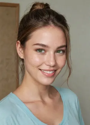 ((Full body shot)), 28 year old woman, British American, Caucasian, light brown hair in a ponytail, pale fair skin, 5'4" tall, busty, covered breasts, (sagging breasts), thin, wearing a t-shirt and blue jeans, angular features, wide face, square jaw, big chin, ((very prominent chin dimple)), high prominent cheeks, ((very prominent cheek dimples)), wide smile, nice lips, green eyes, acne scars, SaggySlimXL, uhang, yhang, <lora:updated_saggy_slim:1>