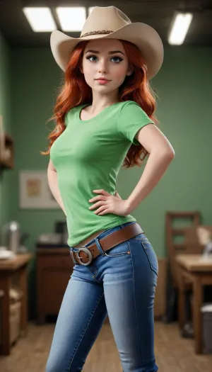 score_9, score_8_up, score_7_up, score_6_up, score_5_up, rating_questionable, source cartoon
1girl, pretty face, pretty eyes, detailed eyes, HD eyes, thick thighs
hands on hips, standing, cowboy shot
looking at viewer, blush, eyebrows, long hair, red hair, green eyes jeans, green t-shirt, boots, high waisted jeans
simple background, white background