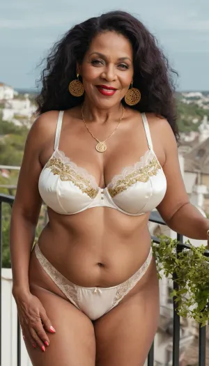 black granny mature, 60 years old, tall and chubby, very saggy tits, long hair, very horny an sexy, very high waisted white with gold lingerie, with stiletto, hoop earrings, necklace, glamour, naught sexy smile, at the balcony