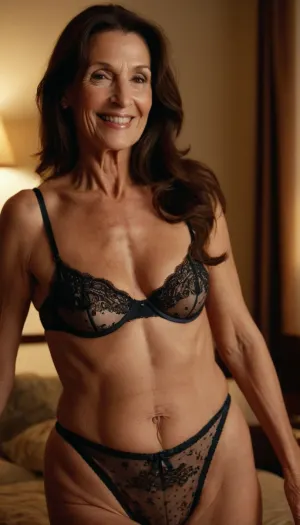 very sexy and horny, brunette, mature 65 years old, thin, tall, very long face, long huge nose, sexy smile, sexy lingerie high waisted, tiny saggy tits, very saggy tiny tits