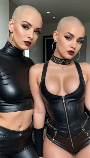 Shaved bald head, 19 year old girl goth pop group, sexy skin tight outfits, 5 girls, differing hieights, differing poses, lesbians, big earrings, heavy makeup, stunning bodies and faces, iPhone 13 photo, high detailed, mixed race girls, curvy, seductive poses, leather knee high boots
