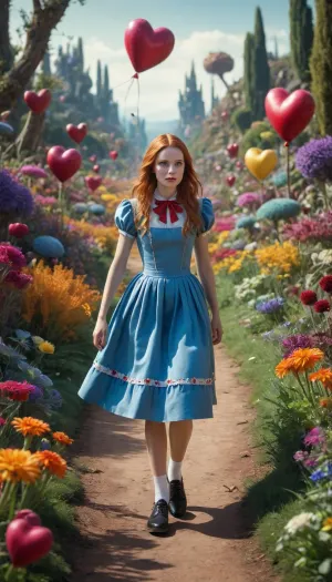 Alice in Wonderland running away from the Queen of Hearts on hendry alien planet with colorful and unusual plants in the style of Flo 'n Images.