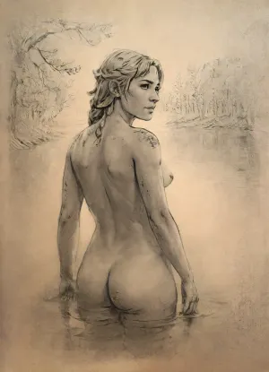 (vex from skyrim, naked, 30 year old, scandinavian, medium blonde hair, detailed face, small breasts), (bathing pose in a big lake, watery body, autumn trees around, hands on breasts), rear/back view, pencil sketch, lineart, black and white, monochrome, drawing, <lora:Concept Art v1:1.5>