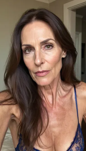 old mature, 60 years old, brunette, skinny, very tall, very super extreme long face, long huge pointed nose, narrow long face, big long chin, huge long face, sexy big mouth serious horny face, looking at the camera, sexy nightie, selfie