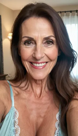 old mature, 70 years old, brunette, skinny, very tall, very super extreme long face, long huge nose, very pointed nose, narrow long face, big long chin, huge rounded chin, huge long face, sexy big mouth, naught horny smile face, looking at the camera, sexy nightie, selfie, black eyes