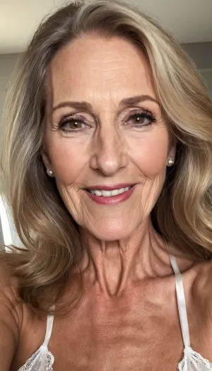 old mature, granny 70 years old, dark blonde, skinny, very tall, very super extreme long face, long huge nose, very pointed nose, narrow long face, big long chin, huge rounded chin, very long chin, extreme narrow face, very huge pointed nose, huge long face, sexy big mouth, naught horny smile face, looking at the camera, sexy nightie, selfie, black eyes, hand on hair charming