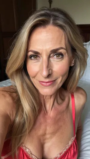 old mature, 60 years old, dark blonde, skinny, very tall, very super extreme long face, long huge nose, very pointed nose, narrow long face, big long chin, huge rounded chin, very long chin, extreme narrow face, very huge pointed nose, huge long face, sexy big mouth, naught horny smile face, looking at the camera, sexy nightie, selfie, black eyes, hand on hair charming, biggest nose ever, long pointed nose, extreme long huge nose